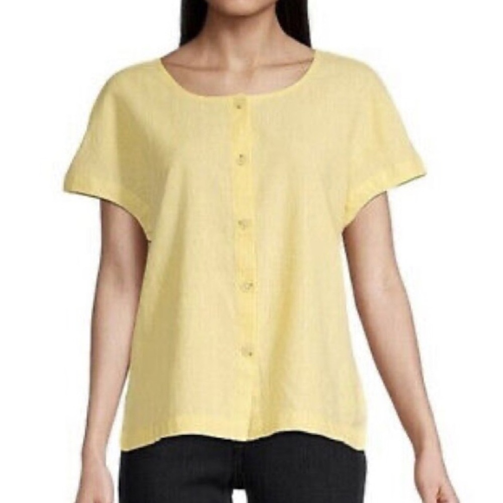 Vintage Liz Claiborne butter yellow linen cotton short sleeve button down top
